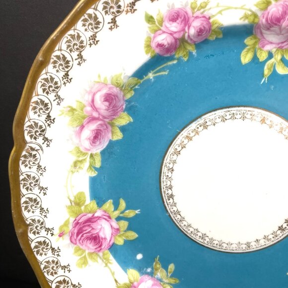 Set 2 Imperial Crown China Austria Vienna 9.5” Plates, Pink Roses & Teal Center - Picture 3 of 6